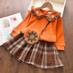 Fall/winter girls long sleeve top, plaited skirt and bag set princess dress